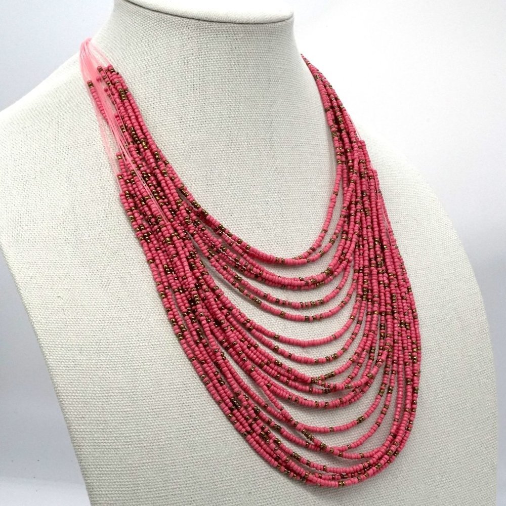 Necklace Gold  Pink Rice Beads.